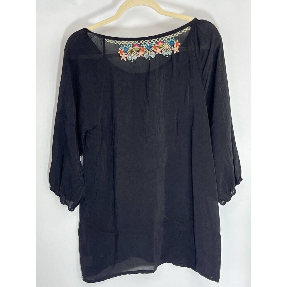 Johnny Was Black Floral Embroidered Tunic Top Small Crinkled Cupra Rayon Boho - Picture 14 of 16
